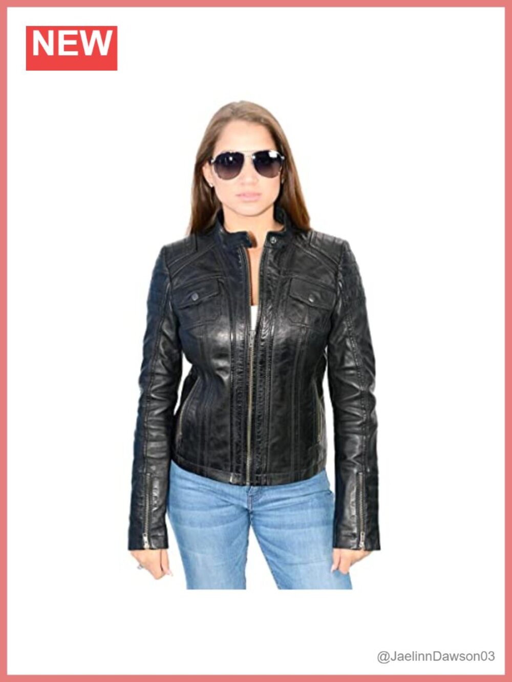 Lambskin Leather Quilted Motorcycle Jacket Mandarin Collar Zip